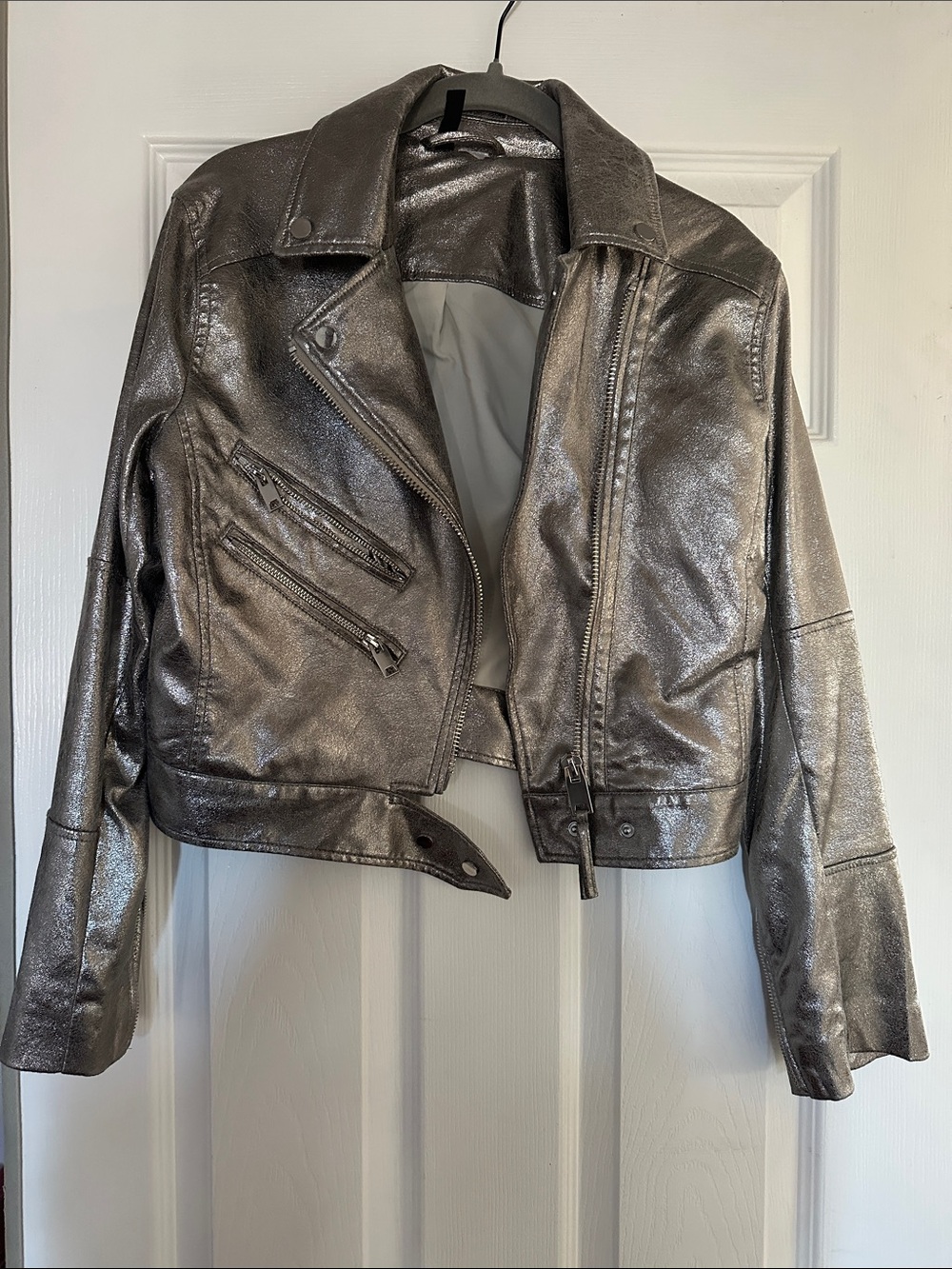 Womens Metallic Gray Moto Leather Jacket